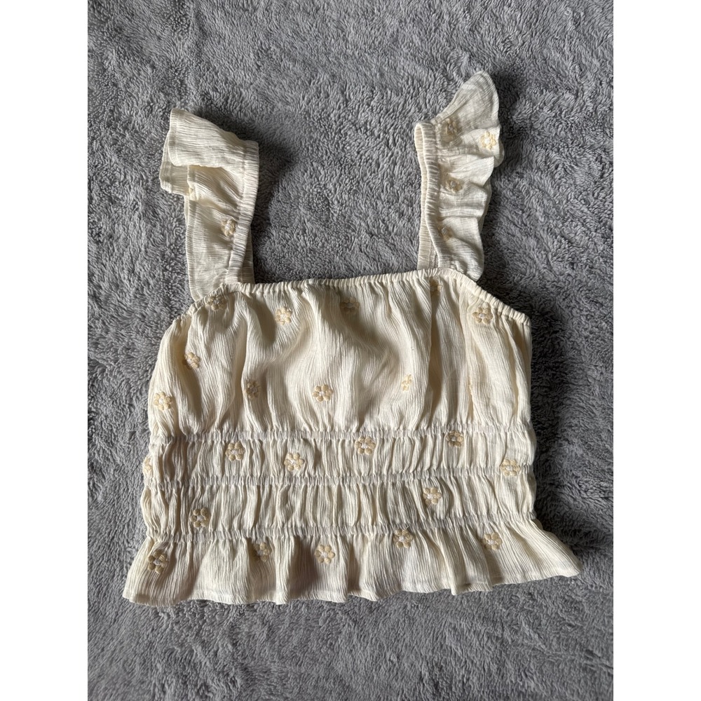 Hem & Thread Cream Floral Embroidered Smocked Crop Tank Top Ruffle Strap Large